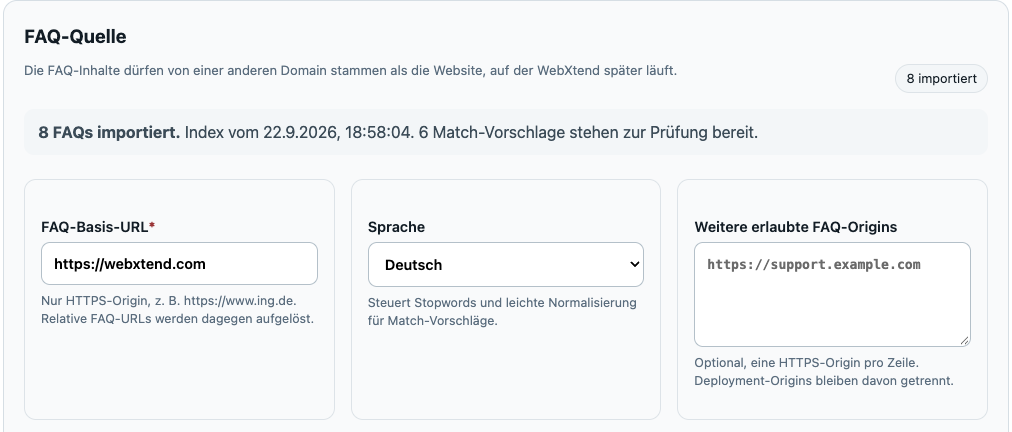 FAQ source configuration in the WebXtend portal