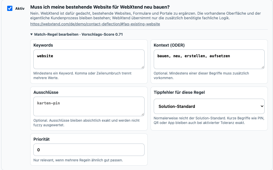 Match-rule configuration in the WebXtend portal